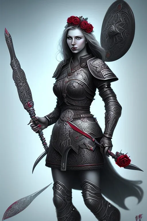 lady warrior with rose short and flower