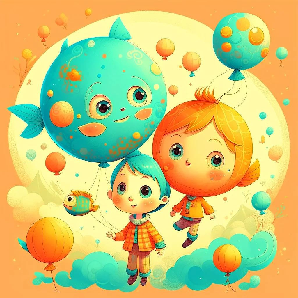 Charming stylized characters. Large heads, big expressive eyes, small, delicate features. Done in the playful and minimalist style of modern children’s book illustration. Diffused outlines, misty, dream-like quality. Colors are warm and subdued illustrating a cheerful demeanor. With a touch of quirkiness. Show me a cute young kid with a balloon in the shape of a big fractal-decoration-covered fish standing on s little planet floating in a sky painted with stars, suns and planets like ones one wo