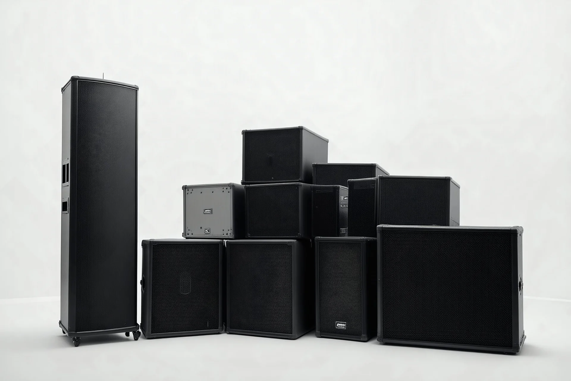 A pile of concert speakers in an empty white room