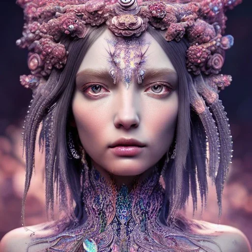 Insanely detailed photograph of an elaborate beautiful crystal goddess intricate glowing skin eyes intricate face hair lashes fur dress hyperdetailed painting by Anna Dittmann Huang Guangjian and Dan Witz CGSociety ZBrush Central fantasy art album cover art 4K 64 megapixels 8K resolution HDR Greek shiny space colours jewelry celestial hair eyes light"