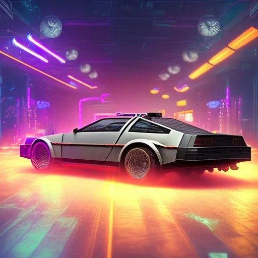 cyberpunk army DeLorean, cyberpunk 2077, center composition, reflection, ultra realistic, shiny, smooth, studio quality, octane render, Surrealism, Triadic colour scheme, glow-stick, god rays, mist on the horizon, ambient lighting, nightclub lighting, polaroid, 100mm, --ar 1:1 --v4