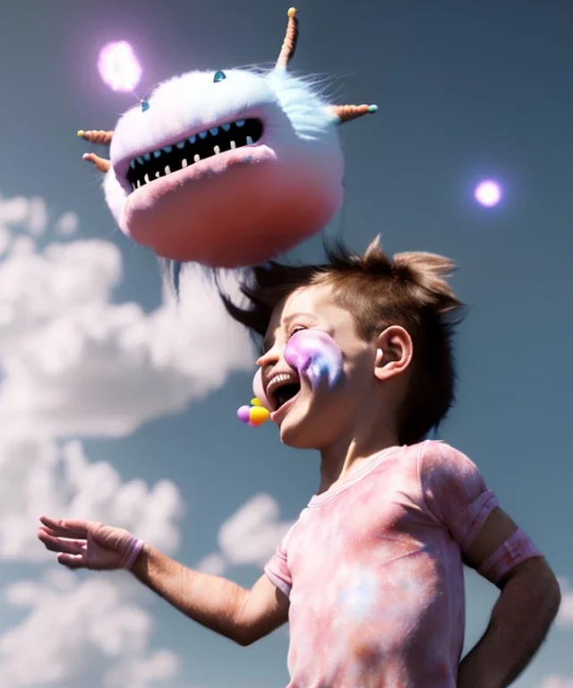 Ultra realistic clouds sky scene, wide angle, medium shot view, portrait, sweet Child, free jumping flying, trinkets, monster hair, jelly beans, balls, smile, happy, Peter Pan style, inflatable color clothing, extreme, wind, clouds sea, 20,000 feet altitude, stratosphere, soft color, highly detailed, unreal engine 5, ray tracing, RTX, lumen lighting, ultra detail, volumetric lighting, 3d, finely drawn, high definition, high resolution.