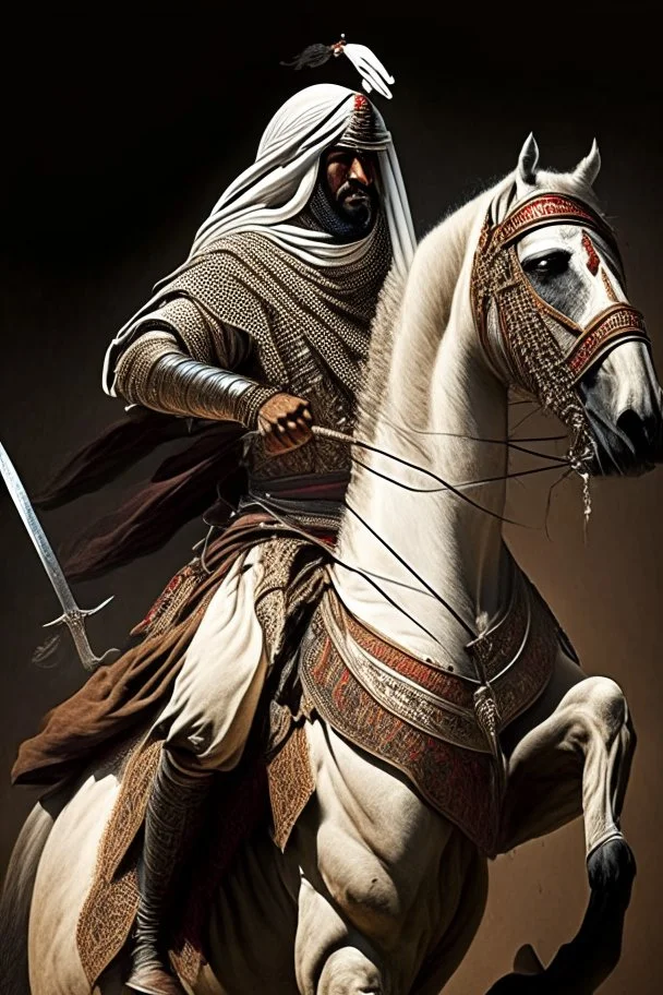 An Arab warrior gripping a sword tightly and mounted on a proudly raised horse.