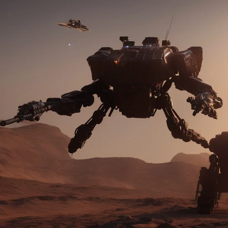 Armored Core machine robot fights another Armored Core fly in the sky in the desert with the ocean where you can see the space in the sky with the twilight on the horizon, 4k resolution