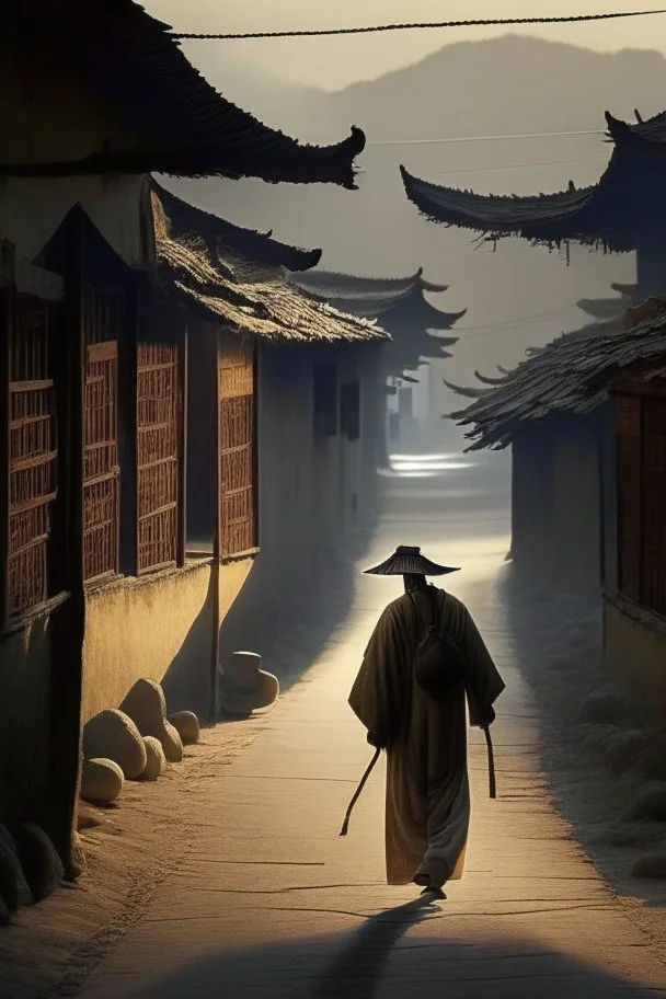 Man walks on road's chinese village with playing light and shadow as ho fan style