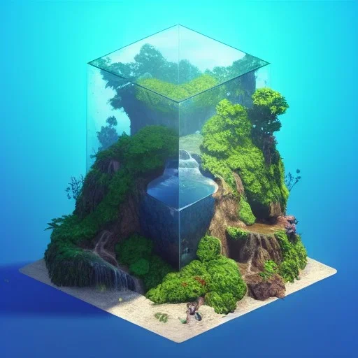 The Isometric Glass Tall Box Mini Model Little Real Island Mixed Water Fall Under Ocean Sunshine Summer Background Blue Sea, The Last Of Us / Avatar, Octane Render / ZBrush, Cinematic, IMAX Film, Nikon D750, 16K, Autostereoscopy, Anthropomorphic, Golden Ratio, Geometry, Symmetric, Depth Of Field, Highly Detailed, Ultra Realistic, Beautiful Lighting, Halfrear Lighting, Soft Light, Candoluminescence, Cast Shadow, Reflective, Glow, Translucent, Normal Map, Carbonated --testp