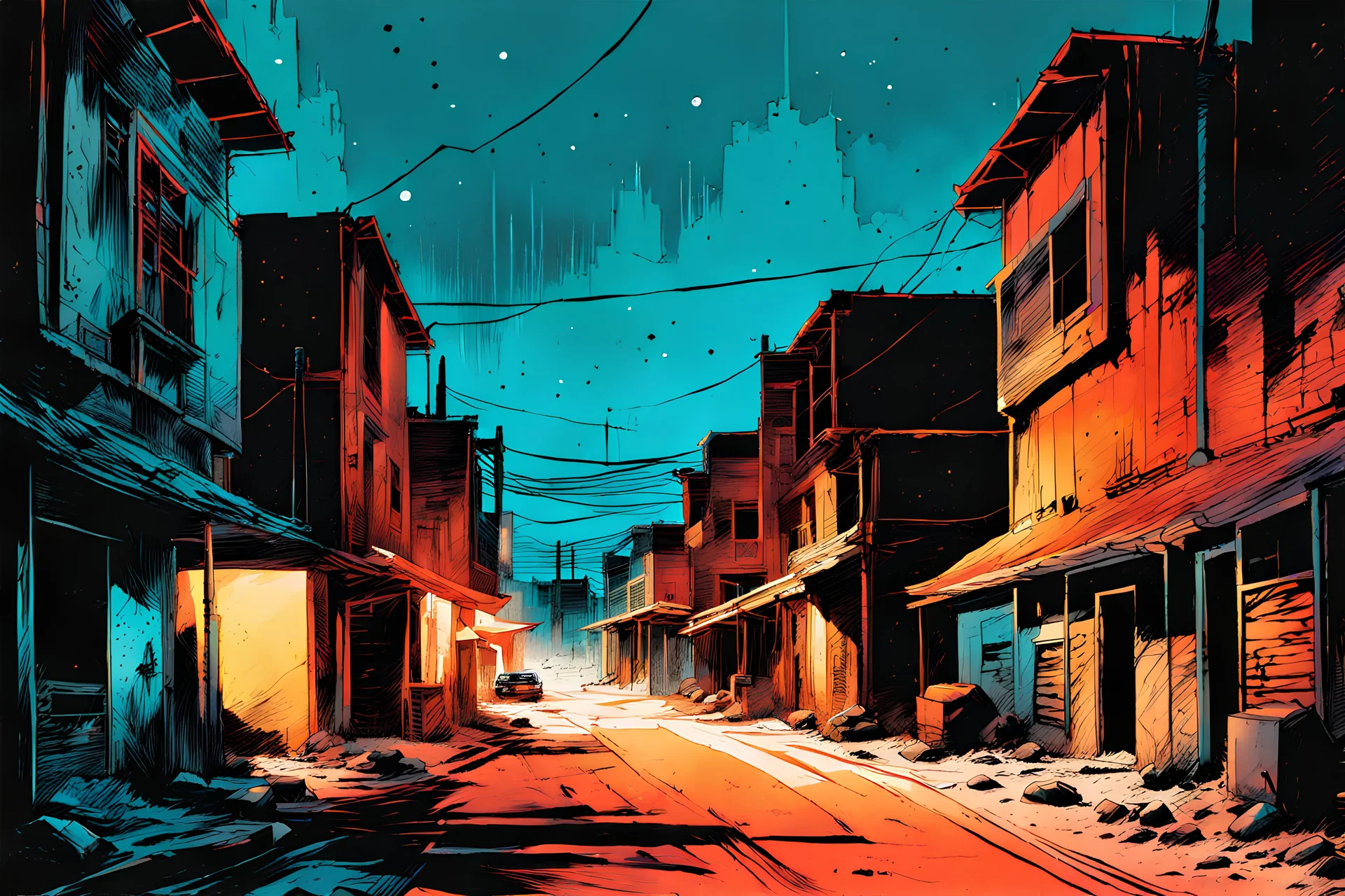 create a hyper detailed illustration of a small southwestern ghost town in the comic art style of FRANK MILLER and BILL SIENKIEWICZ, searing lines and forceful strokes, precisely drawn, boldly inked, with gritty textures, vibrant colors, dramatic otherworldly lighting