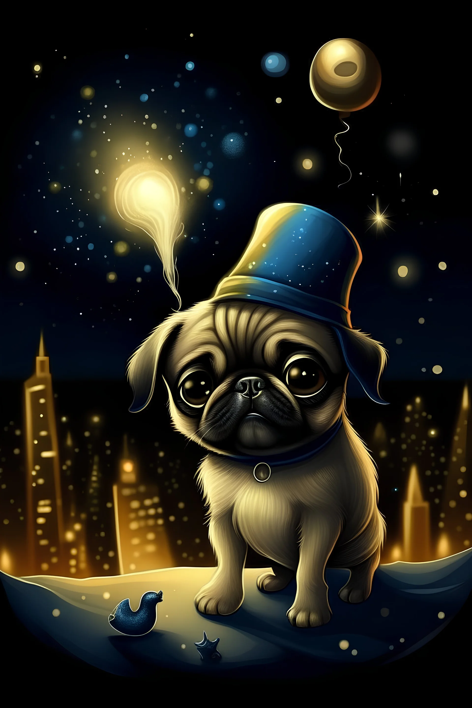 the full body of a cute pug puppy of black color holding a sparkling magnificent glass globe with the inscription "2024", a scarf and a festive hat on it, the background of the night fireworks in the city , soft color palette from Kajenna, clipart, cartoon style, golden section, illustration from a storybook, smudge, jean-baptiste monge style, splash, big perfect eyes, sparkling, cute and charming, filigree, frame illumination, lights, extremely fluffy, magical, surreal, fantasy, digital art, w