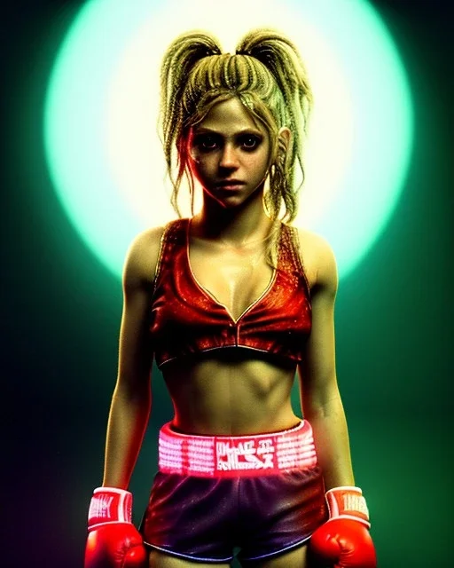 portrait, Shakira, blonde artist, angry, Realistic image, boxing robe, hoodie, mouthguard, nose band aid, loose long hair, eyes make up, perfect, glow, circle iris. Rain, fog, Neon colors, leds, geometric shapes. Dark background, photo studio, neon lights. concept art, smooth, unreal engine 5, god lights, ray tracing, RTX, lumen lighting, ultra detail, volumetric lighting, 3d, finely drawn, high definition, 4k.