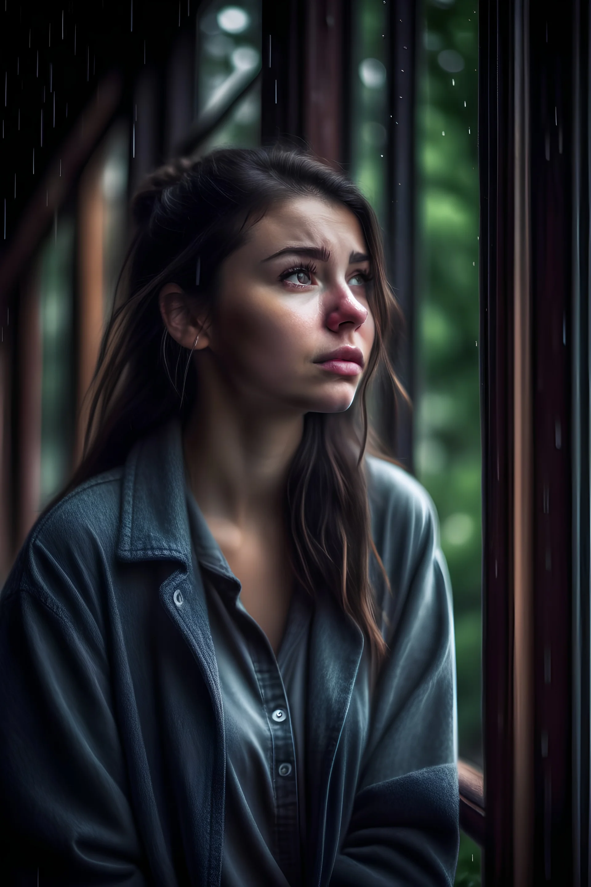 Highest quality highest resolution proportionate real photograph beset camera cinematic outside portrait of a haggardly, young, pretty woman contemplating on a porch while it is raining