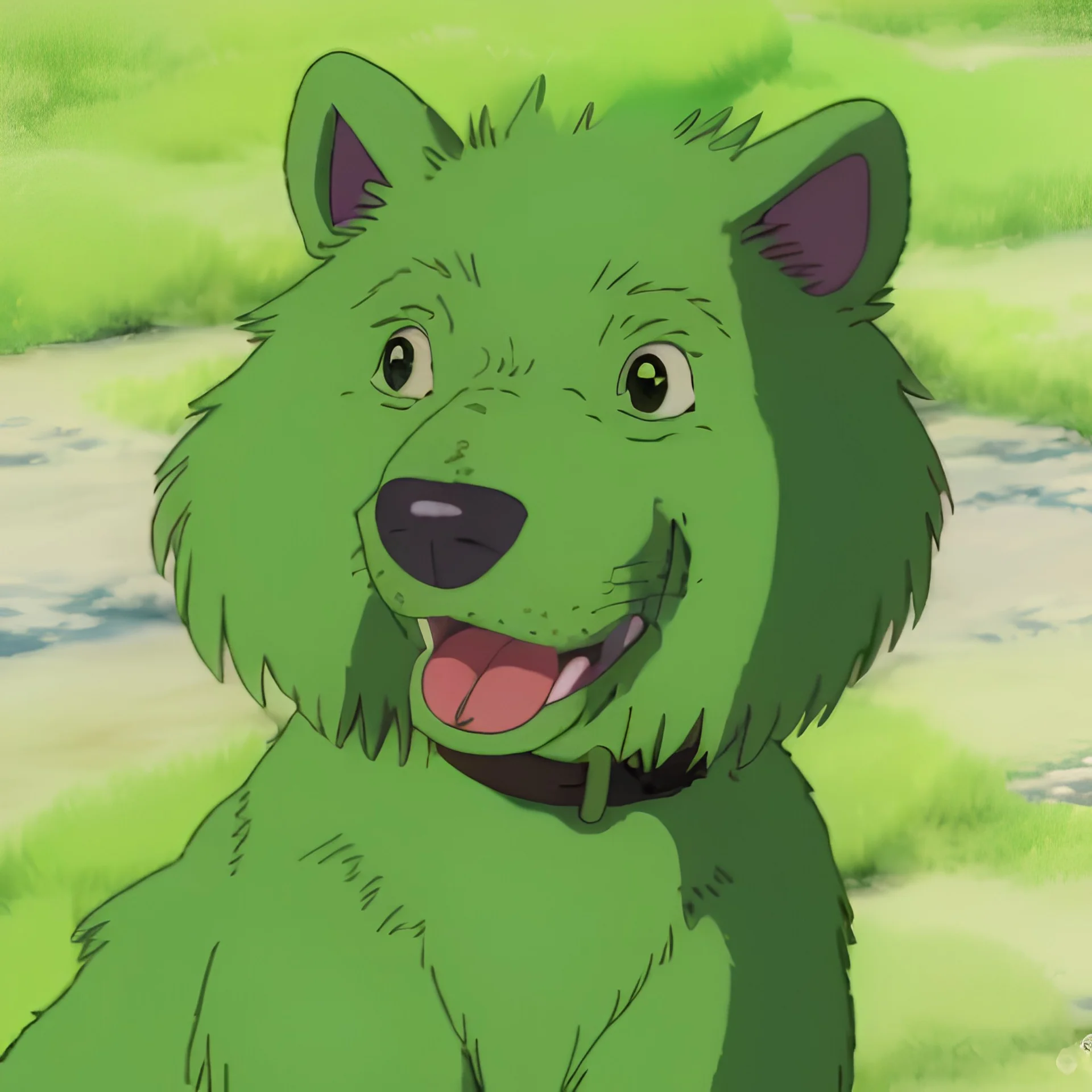A dog with green fur, happy