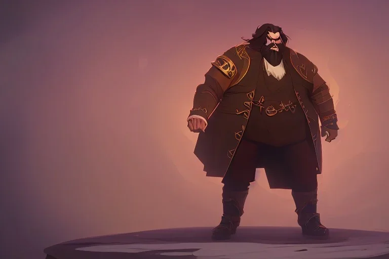 Other worldly boisterous long haired bearded tall middle-aged man wearing many gold rings and rugged long fur trimmed merchant's coat, dark background, dynamic lighting, full body character design