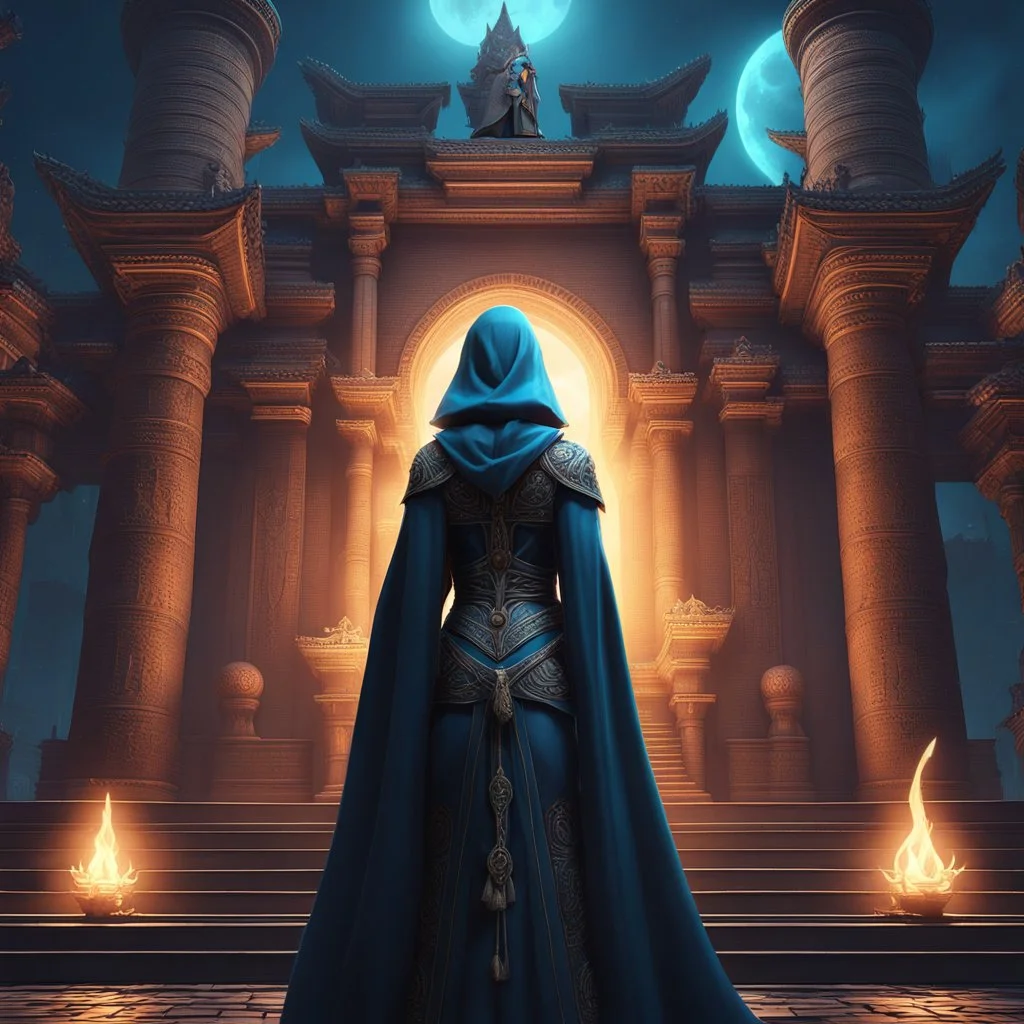 Photo of a luminescent woman mage at night standing in front of an ancient temple lit by moonlight:: eye_level perspective :: dark, CGSociety, ZBrushCentral, digital illustration, space background, 3d shading, fantasy art digital painting, digital illustration, extreme detail, digital art, 4k, ultra hd, mist