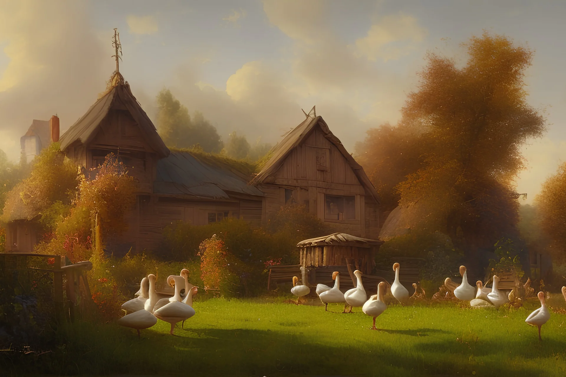 Peder Mork Monsted style, farm yard with ducks geese hens, chariot