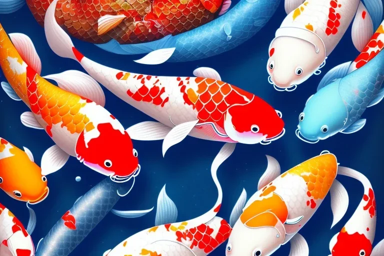 colorful koi carp collage illustration pattern, tiny, small, miniature, short, cute and adorable, digital painting, highly detailed, intricate, elegant, artstation, concept art, colorful, beautiful, studio ghibli, aoshima chiho, takashi murakami, manga, cute and adorable