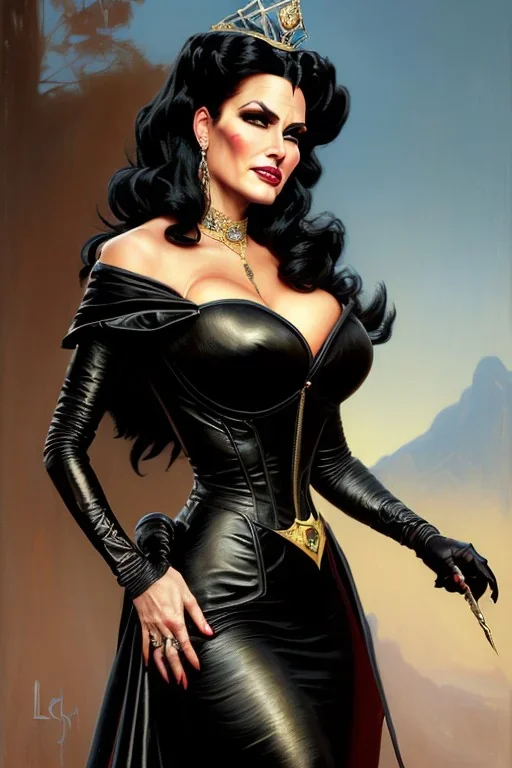 painting of lisa ann as evil queen in black leather gown, feminie, angry, stern look on her face, volouptous, busty, cleavage, emperious, mature, highly detailed, digital painting, artstation, concept art, smooth, sharp focus, illustration, art by gaston bussiere and alphonse mucha