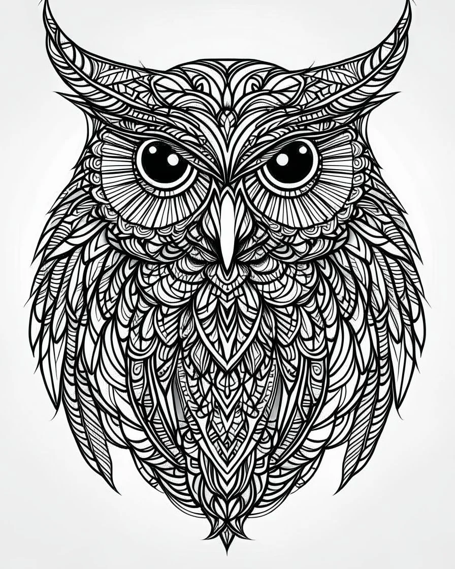 symetrical owl tattoo, coloring book page, clean line art, adults drawing book, Black and white only, crisp black lines, sharp lines, coloring page for adults, black and white picture, lots of details, tattoo style,tattoo ideas, full body, without shadows and colors