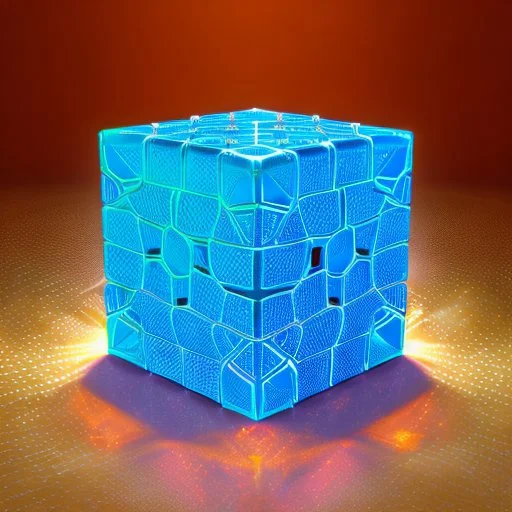 a blue metallic 4d cube inside a 4d orange rotating cube in a 4 dimension environment