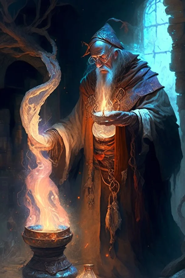 ancient mage preserving his life through unnatural means in ritual