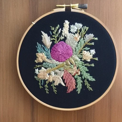 exquisite whimsical australian flowers in embroidery hoop, intricate, highly detailed, linen and wood backdrop