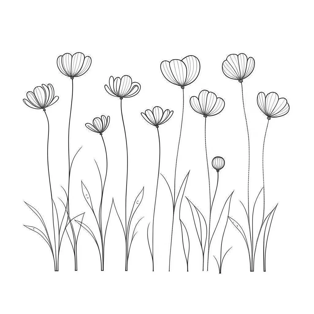 set of grow wind flower on the grace, SIMPLE ONE lineS art, white background, minimalis, different view, only white bakcground solid.