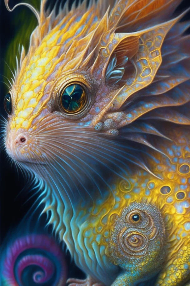 Hamster dragon alien fused,highly detailed, sharp focus, elegant, ultra reallistic, intricate, oil on canvas, beautiful, high detail, crisp quality, colorful