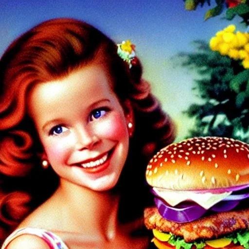 Young Robyn Lively with a beautiful and highly detailed face holding a lisa frank mcdonalds hamburger, modern American; by Daniel Gerhartz, phil noto, sienkiewicz, mucha, jim lee, manara; hyper-detailed, hyper-realistic, sharp focus; symmetrical face; textured shading, subtractive lighting, Unreal Engine, sharp focus