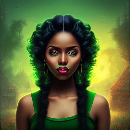 fantasy setting, woman, peau sombre, indienne, cheveux noirs avec une mèche bouclée verte, médiéval