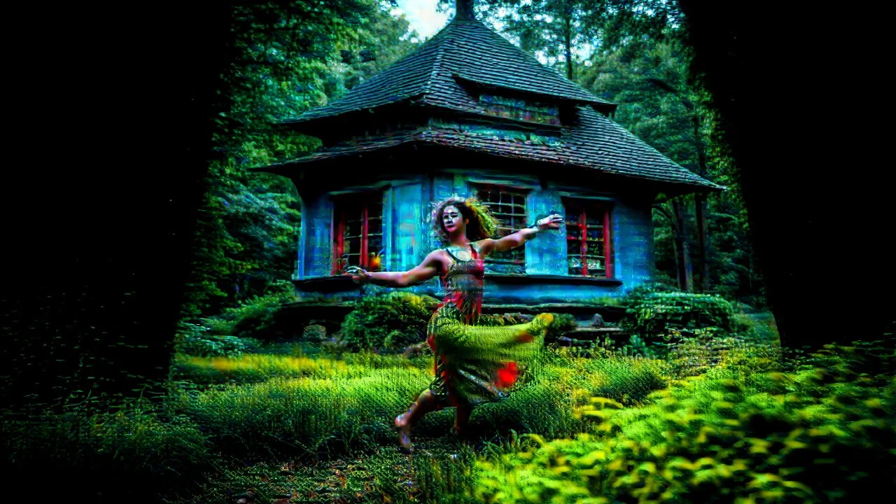 slim nymph dancing in a woodland clearing, with a woodland house behind her. vibrant colour