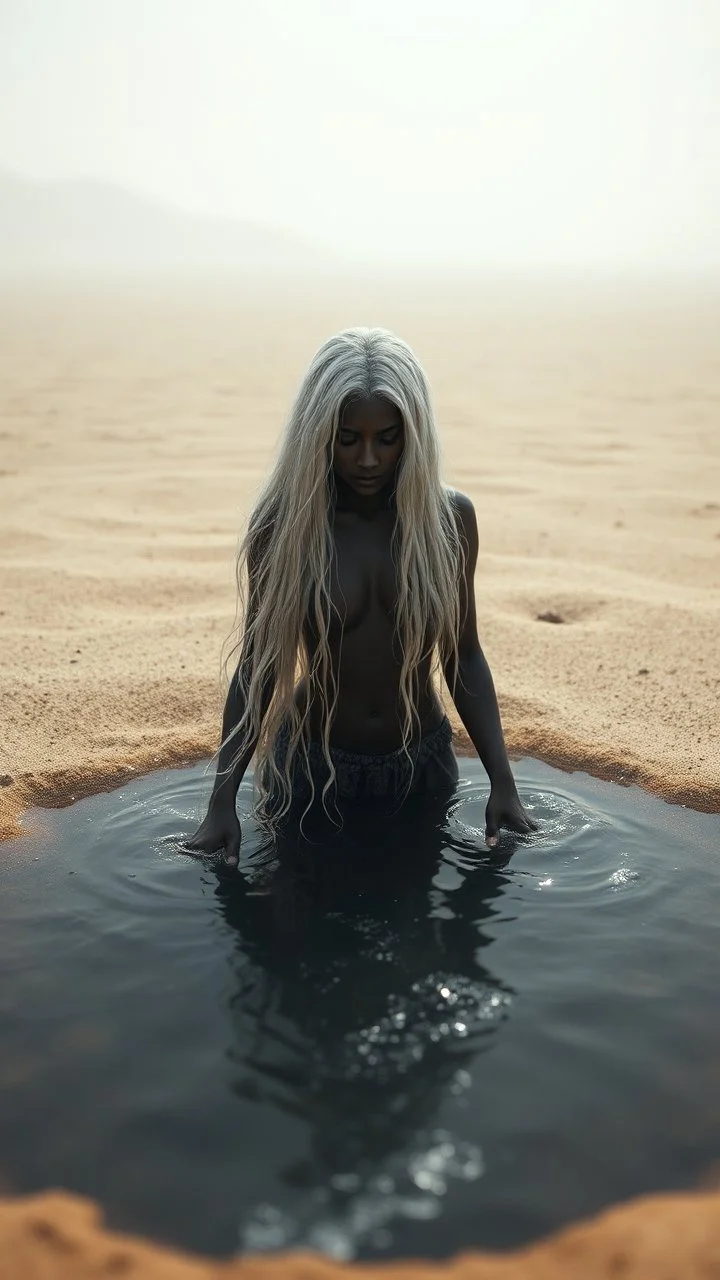 A hyper realistic photo of: Some forgotten realms strong dark skinned draw beautiful girl with long white hair wades into a strongly dark grey colour emitting magically radiating and bubbling color pool in an endless windswept level landscape of only sand and grit. photorealistic, bokeh, masterpiece, smooth shading, ultra detailed, high resolution, cinematic, unreal 6, subtle shadows, octane render, 8k, cinema 4d, HDR, dust effect, vivid colors, thin line draw