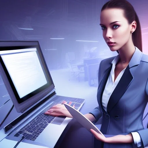 Detailed photo of a office girl with a laptop and an IT office in background