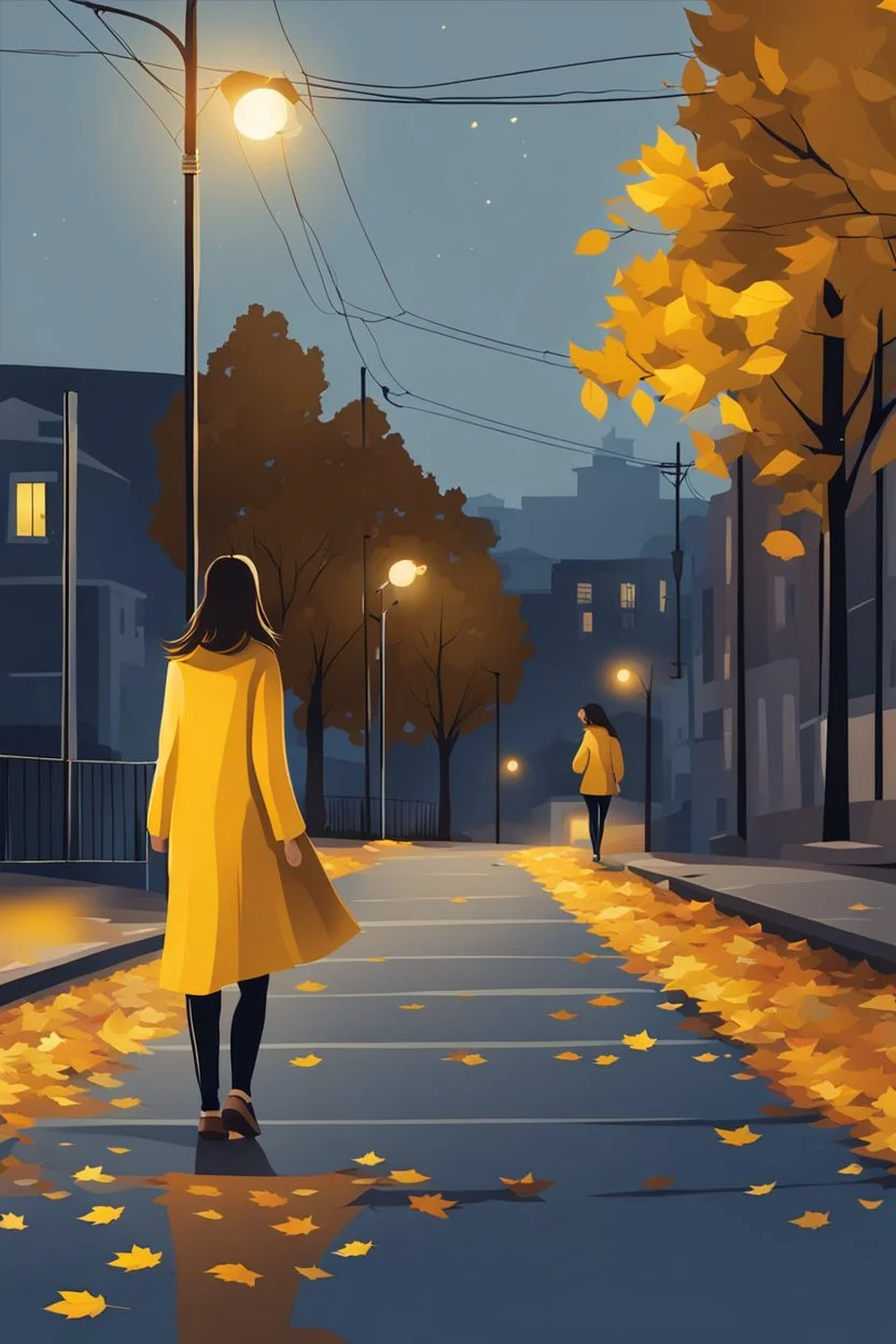 night yellow lights over the street trees autumn leaves under feet ,a Student adult girl with books in her hand walking in street looking to camera a boy who loves her flowing her from distance back