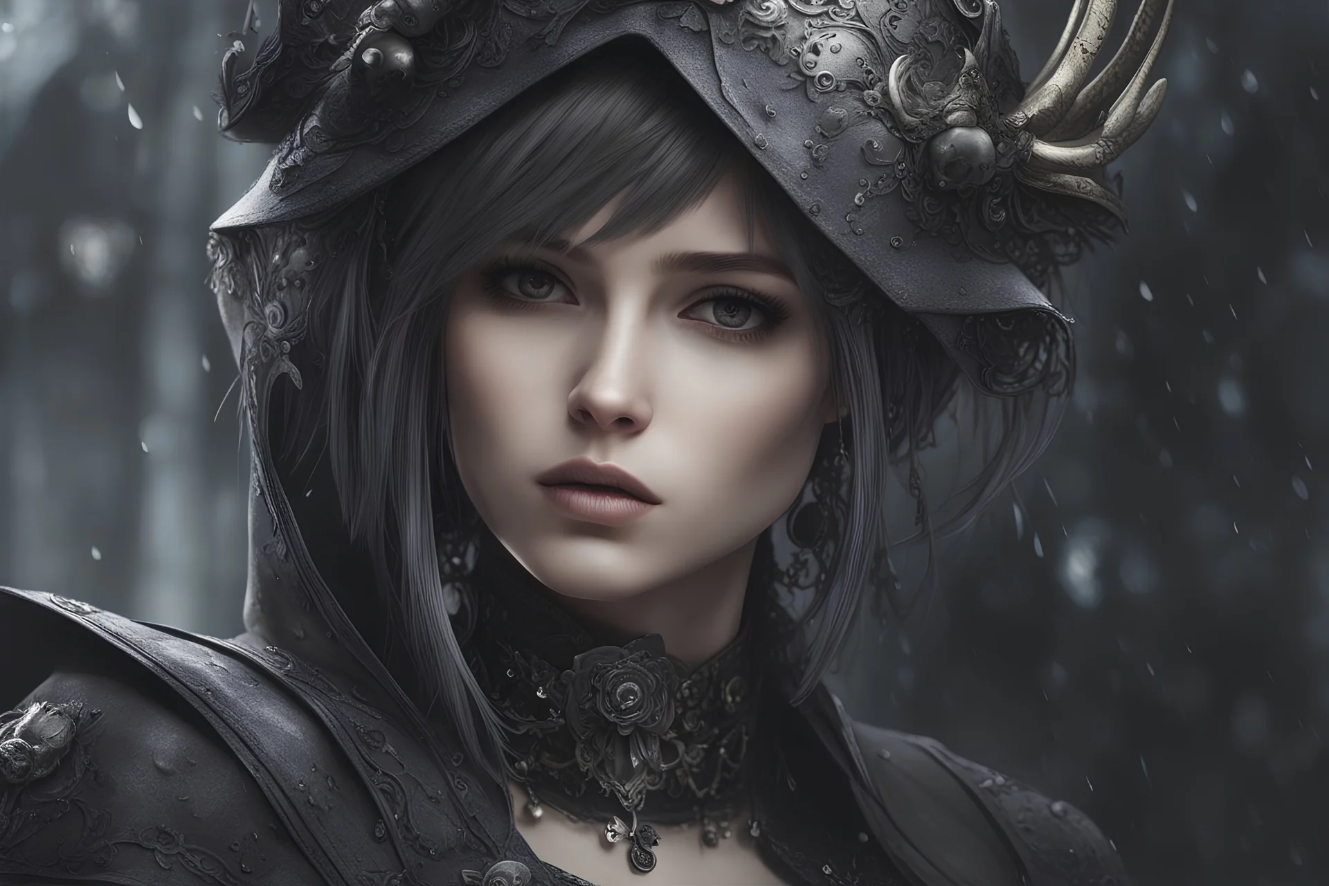 Beautiful girl with skull in her face in 8k nier automata artstyle, Wednesday them, hollow knight Custom, close picture, rain, fantasy world, intricate details, highly detailed, high details, detailed portrait, masterpiece,ultra detailed, ultra quality