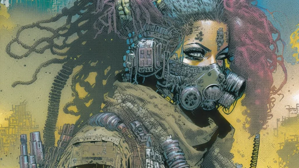 front facing full length portrait illustration of a grunge armored female with beaded dreadlock hair cyberpunk vampire mercenary with gas mask, telecommunications headset, and shemagh, highly detailed with gritty post apocalyptic textures, toxic irradiated landscape, finely detailed facial features and hair, in the graphic novel style of Bill Sienkiewicz, and Jean Giraud Moebius, with elements of collage, mimeograph, and pen and ink, realistic light and shadow