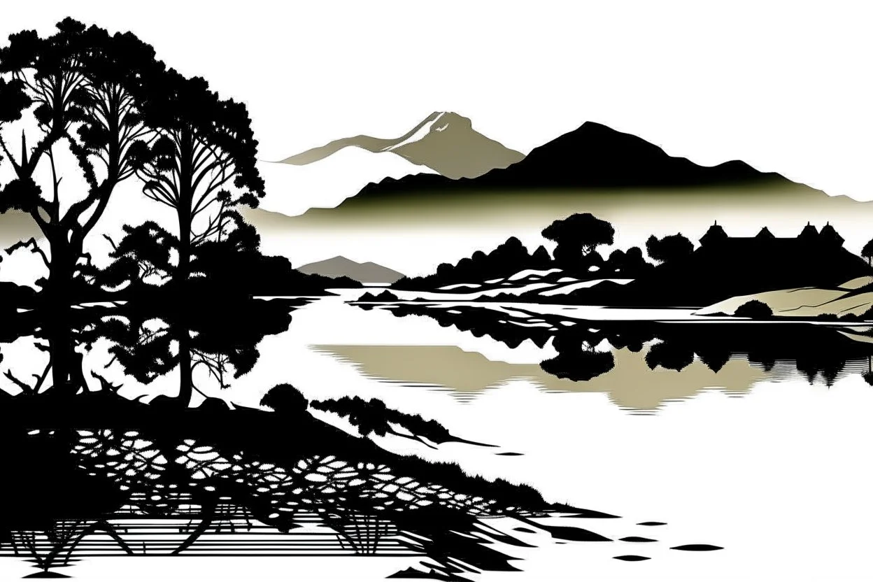 silhouette white background of beatuful scenic picture lake distric cumbria from a distance scenery painting