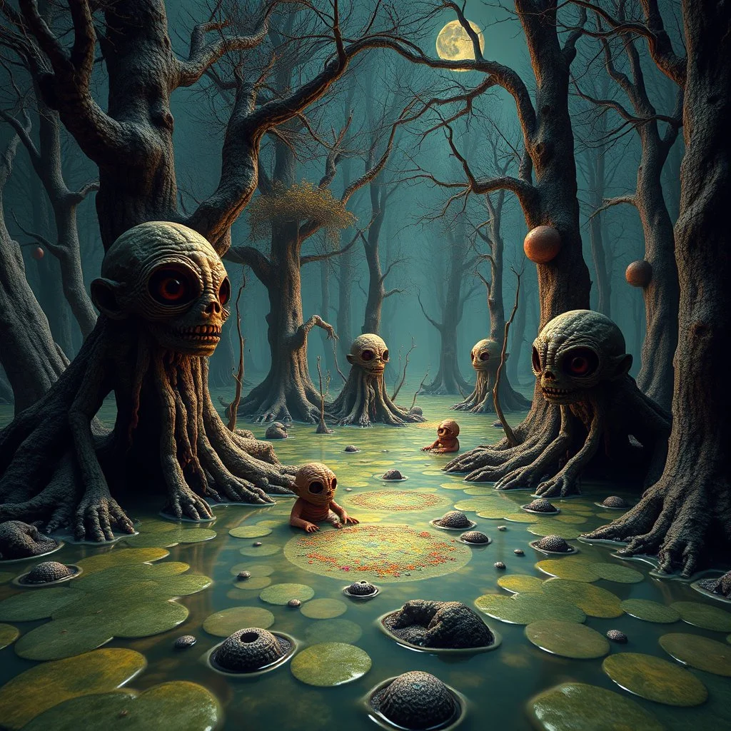 Hyperrealistic odd swamp landscape with odd beings surreal abstract Max Ernst style, 120mm photography, sharp focus, 8k, 3d, very detailed, volumetric light, grim, fine art, very colorful, ornate, F/2.8, insanely detailed and intricate, hypermaximalist