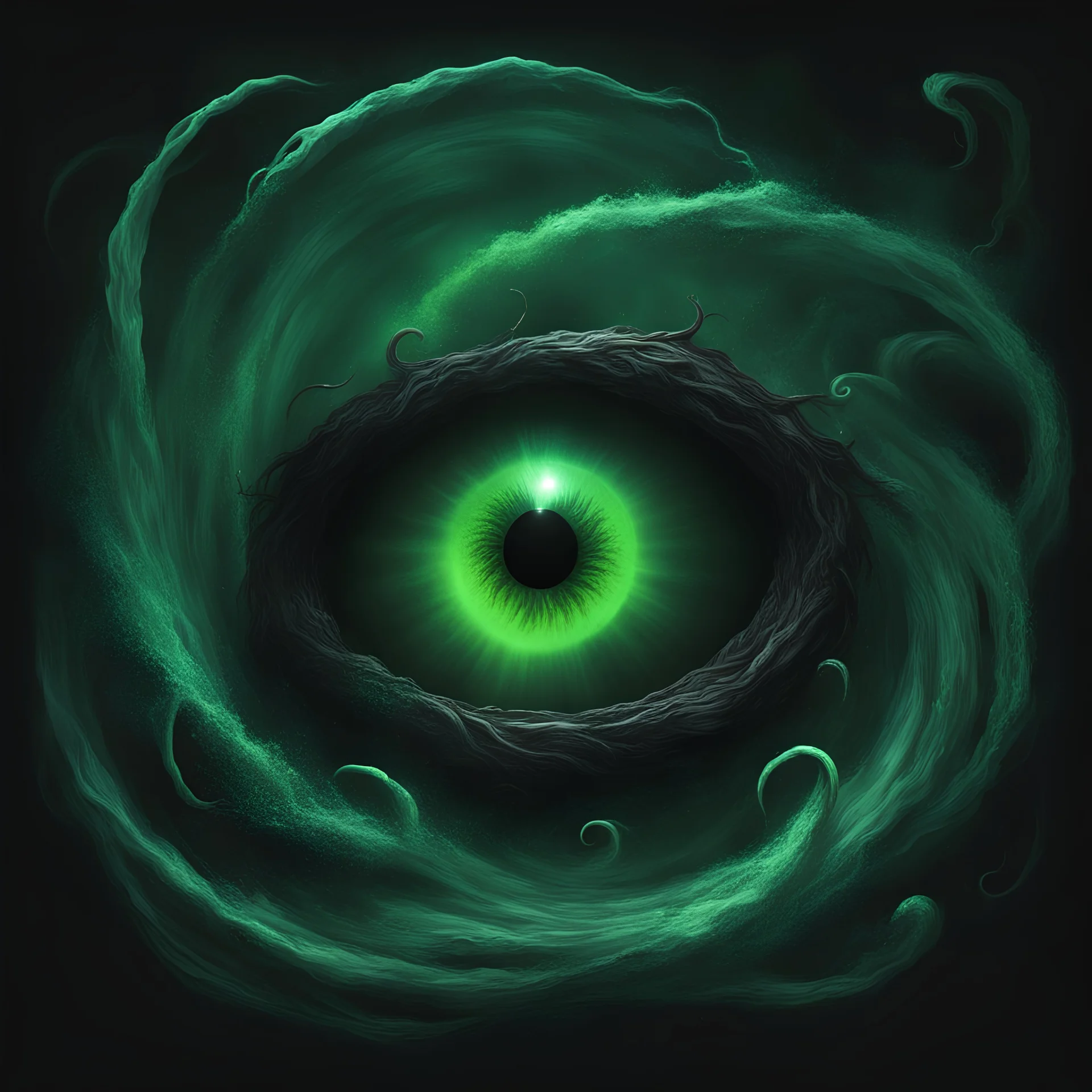 Kraekan Black Hole, a swirl of ebony black and vivid venomous green with tentacles swirling out and floating glowing green eye staring from the abyss, in cinematic graphic art style