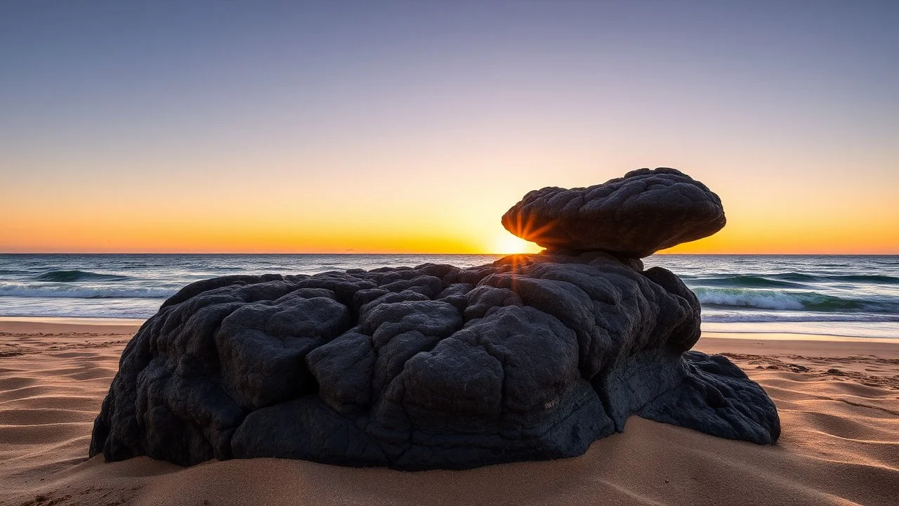 High-resolution landscape photograph featuring a coastal rock formation at sunset. The image showcases a unique, mushroom-shaped rock in the foreground, with intricate erosion patterns and textures. The rock has a dark, weathered appearance, contrasting with the smoother, lighter-colored sand around it. The background reveals a calm ocean with gentle waves, and the sky transitions from a deep blue at the top to a warm, golden hue near the horizon, indicating the setting sun. The overall composit