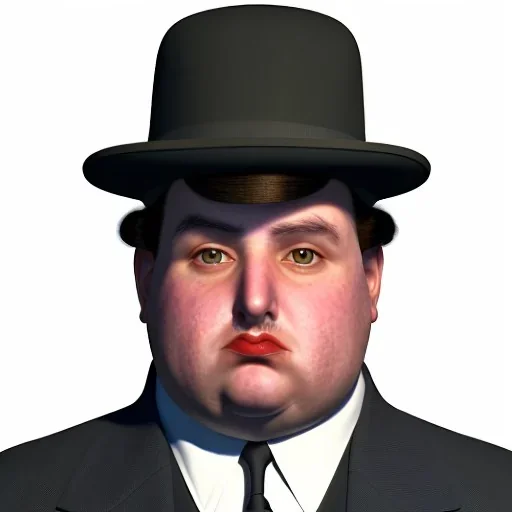 A full body 1930s Italian-American businessman with a black bowler hat and a suit. He is obese and sad