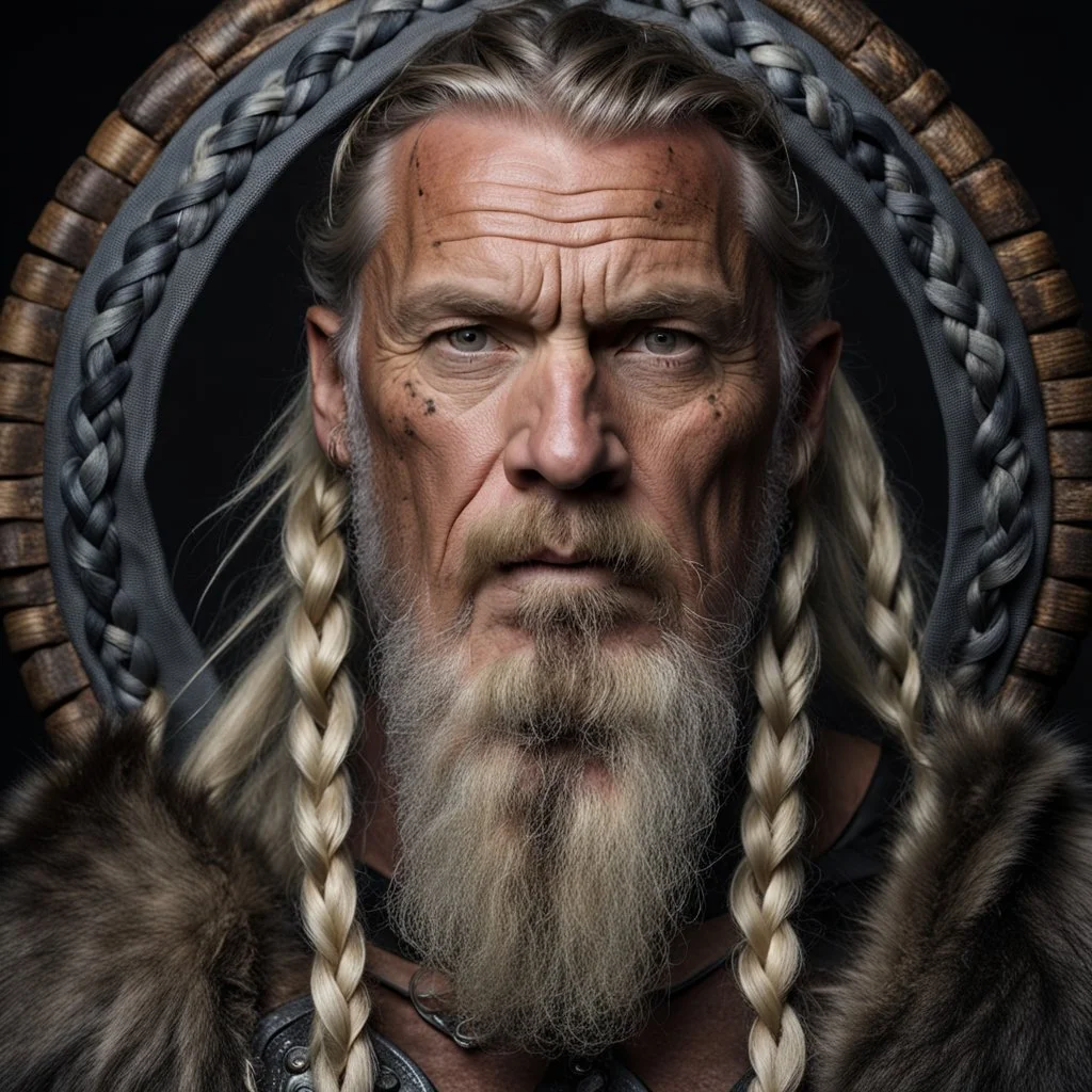 portrait of a 50-year-old viking ,blonde beard with grey highlight and long blond hair with Two small braids. Rugged face with a scar on his cheek.