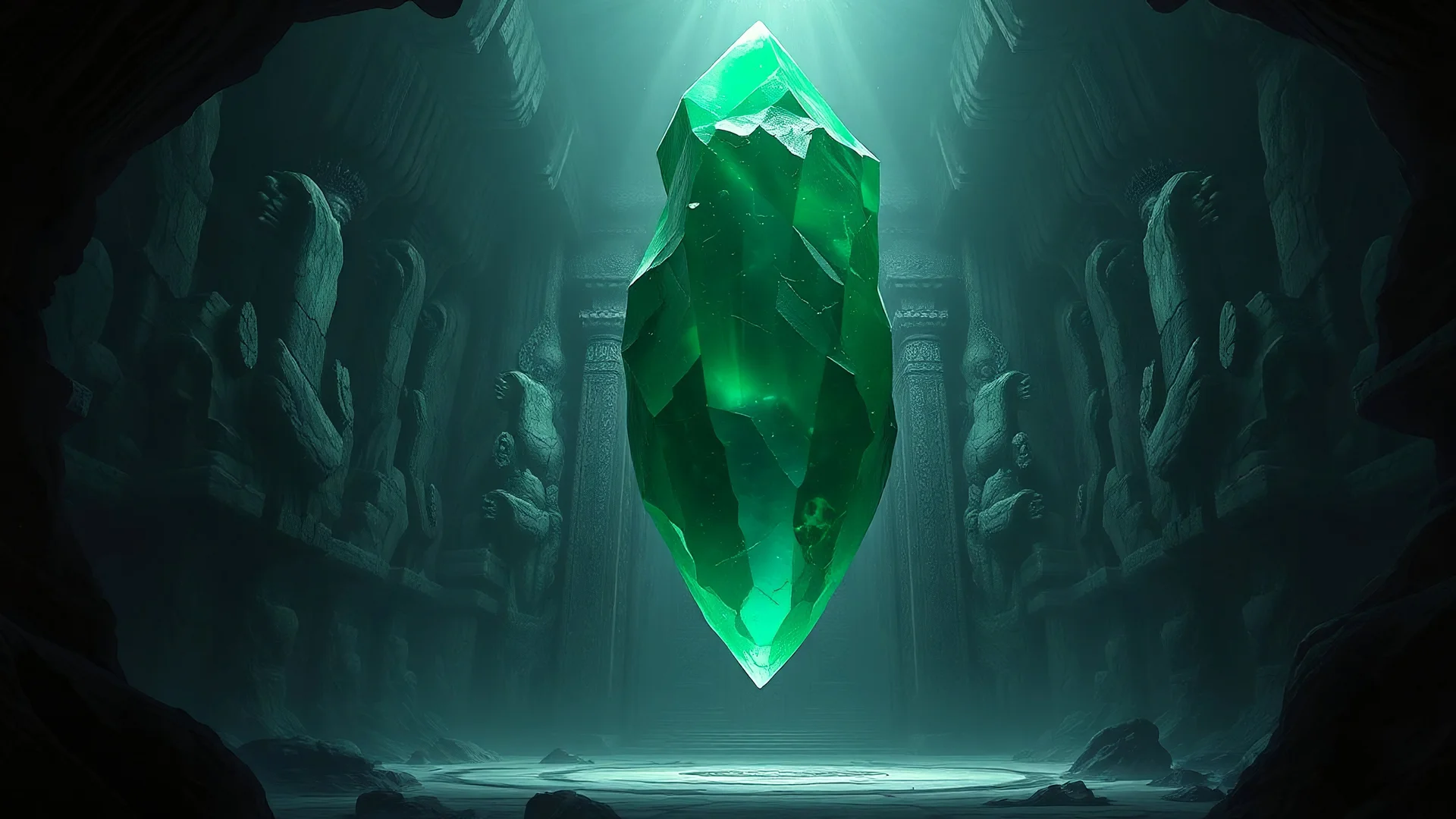 A massive chiseled jade crystal floating in the center of a massive underground temple, deep, dark cave, fantasy art style, 2d digital art