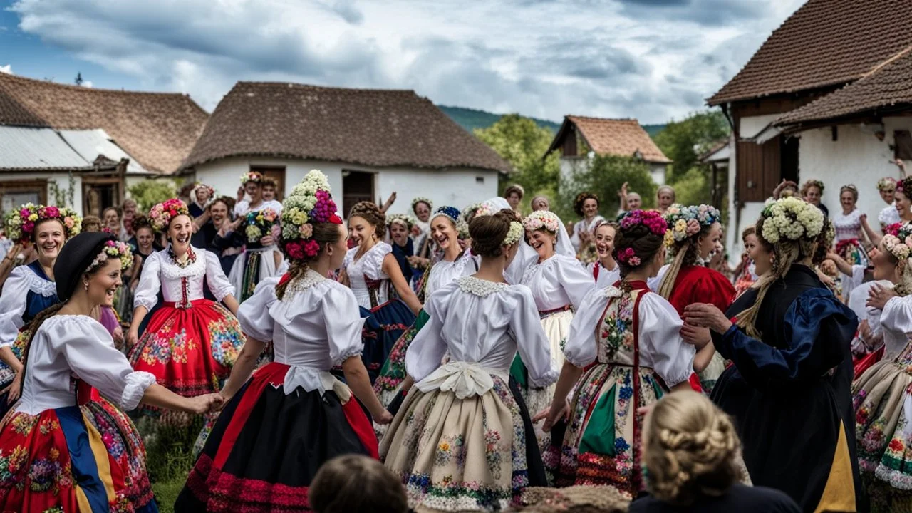 hungarian village wedding, group of women dancing in authentic Hungarian sárköz colorful folk dress with flowers shapes , high realistic, high qulity, detailed, happy, stunning, perfect photo