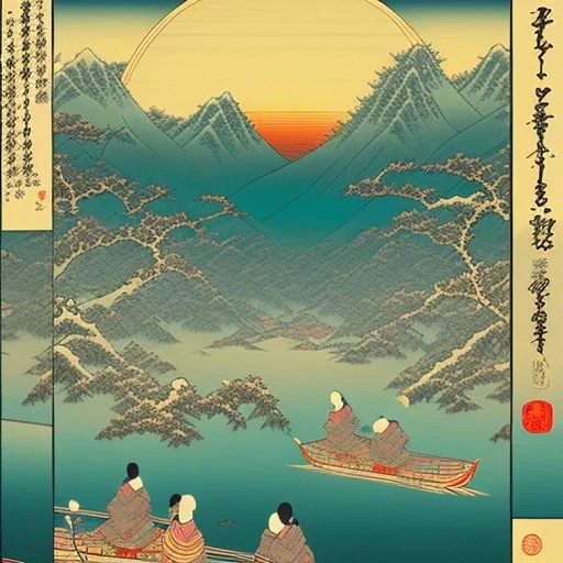 Ukiyo-e styled art, stream, mountain, sun, family on a boat