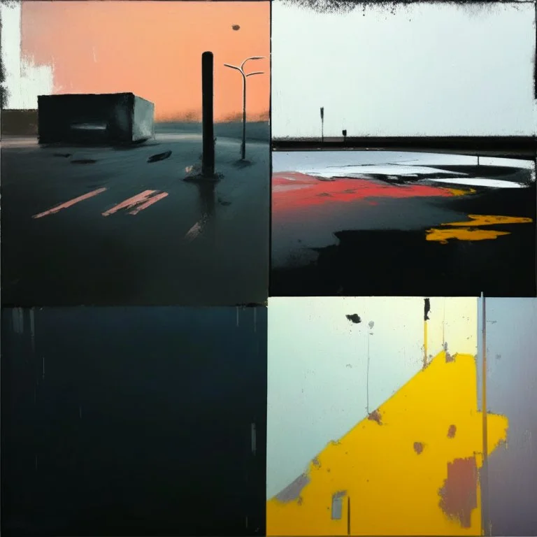 Minimal contemporary abstract oil paintings desolate 1960s carpark concrete fragments at dusk sunset. In the style of Justin Mortimer and Francis Bacon. road markings.