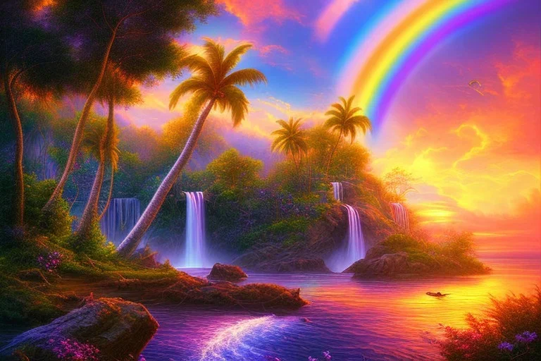 island waterfall palms twigs spring sunset rainbow bridge birds