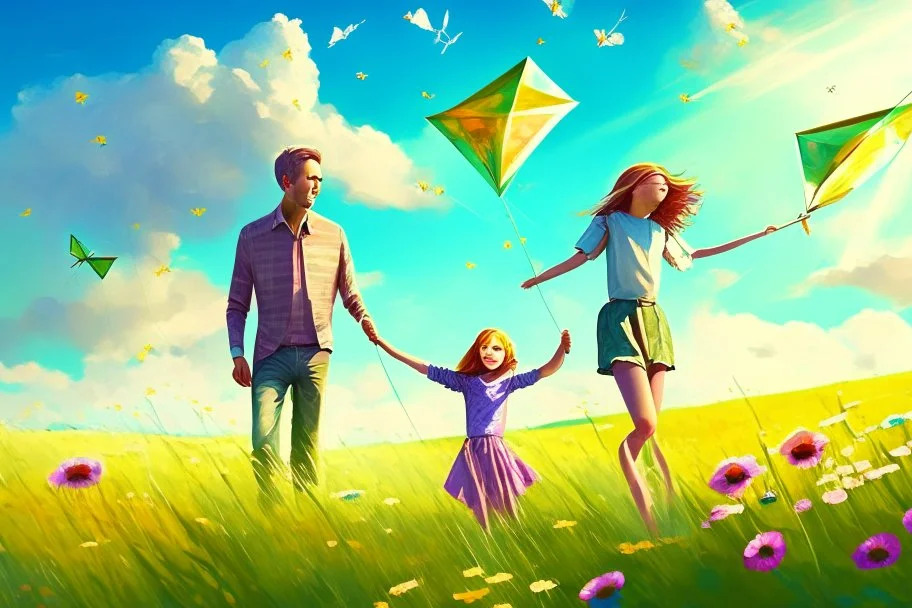 a father, a girl and a boy with a kite flying in the sky on the green field with flowers in sunshine