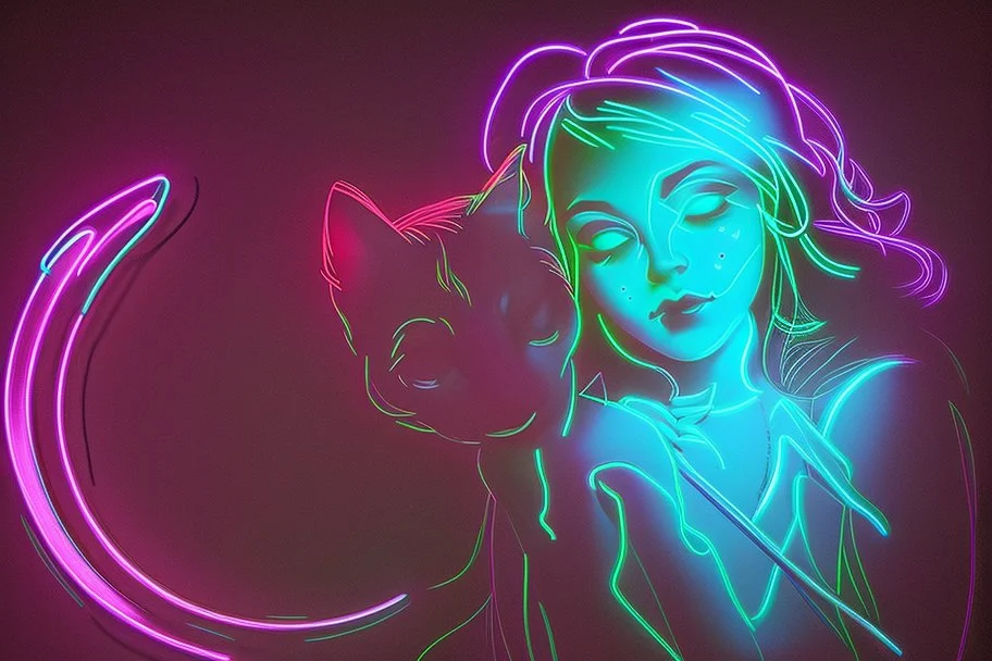 black light art, neon lines, contented brunette woman with fluffy kitten seeking something in the distance