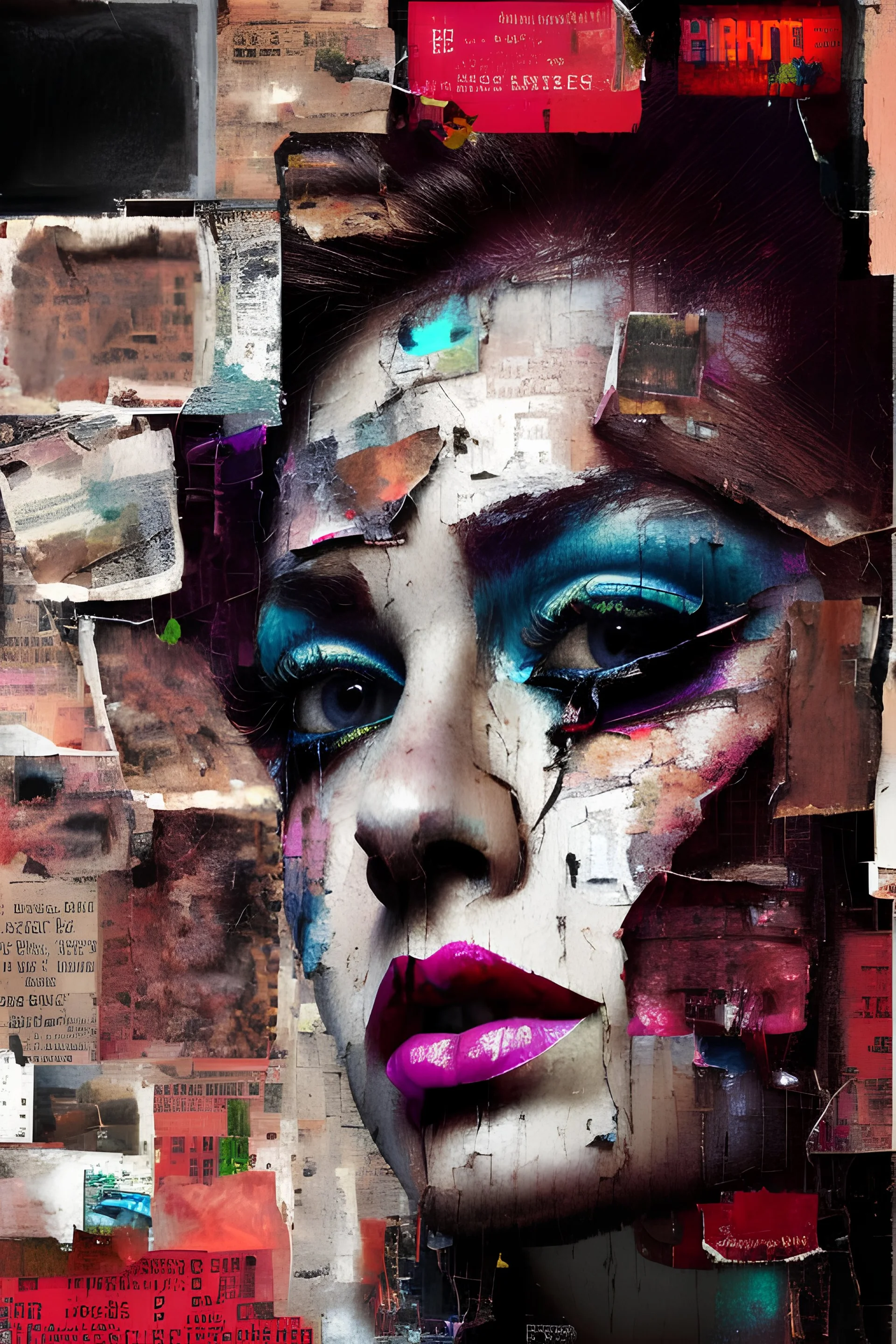 Ultra detailed medium portrait painting of a beautiful but abused woman, mascara are smeared from crying, chaos dark background,torn up collage of photo clippings, broken circuitry background, matrix effects, punk visual art, punk art aesthetic, graffiti art, pop surrealism, collage art, cluttered paint glitches