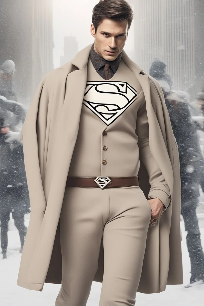 An elegant, unique and dazzling Men's winter Clothes inspired by Superman's emblem design concept art beige tones 8k