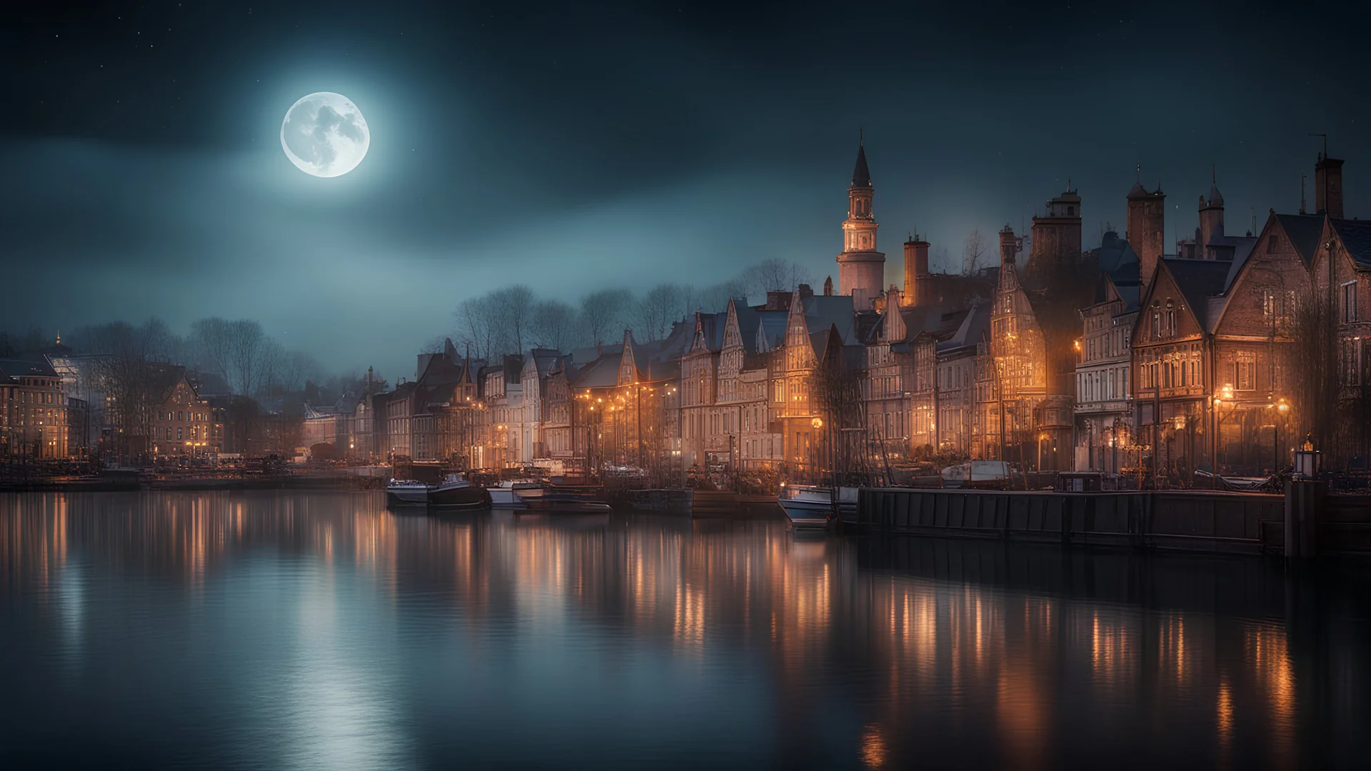 dream world, Scandinavian city harbour, calm beauty, fantasy world, magic, night, darkness, moonlight, starlight, splendor, uplifting, inspiring, therapeutic, chiaroscuro, color, award-winning colour photograph, beautiful composition, Nikon 135mm